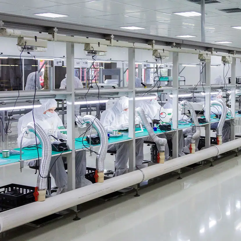 Electronics assembly line in a cleanroom environment for contamination-free production