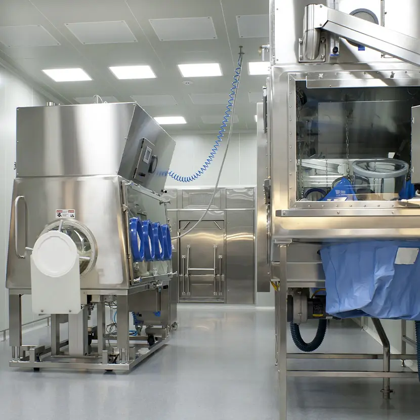 Pharmaceutical cleanroom with stainless steel processing equipment for contamination control