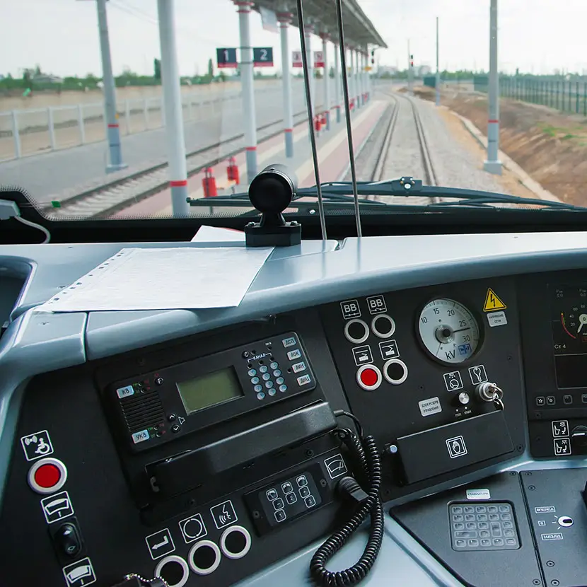 Rail system operator control panel with gauges and switches for train monitoring and safety