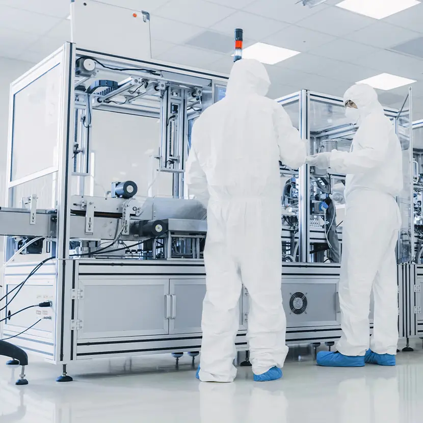 Medical device manufacturing cleanroom with technicians operating precision assembly equipment